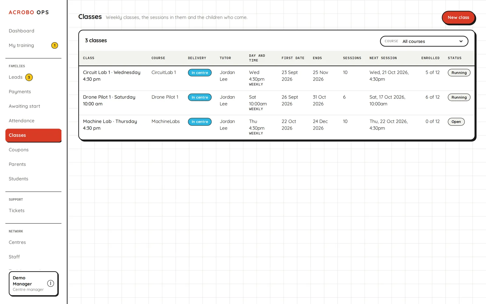 Classes, tutors and places at a glance