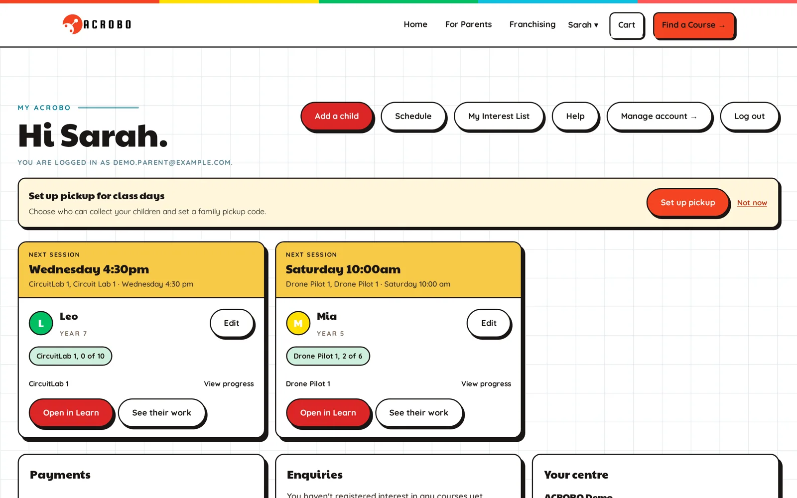 Next sessions, progress and payments in one place